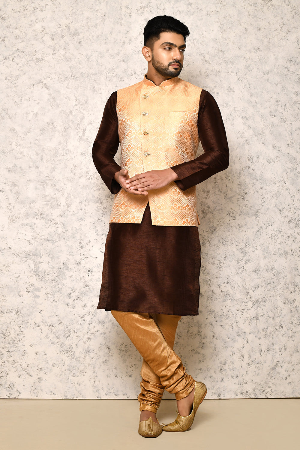 Rust Colour Jacquard Fabric With Pattern Work Jacket Set