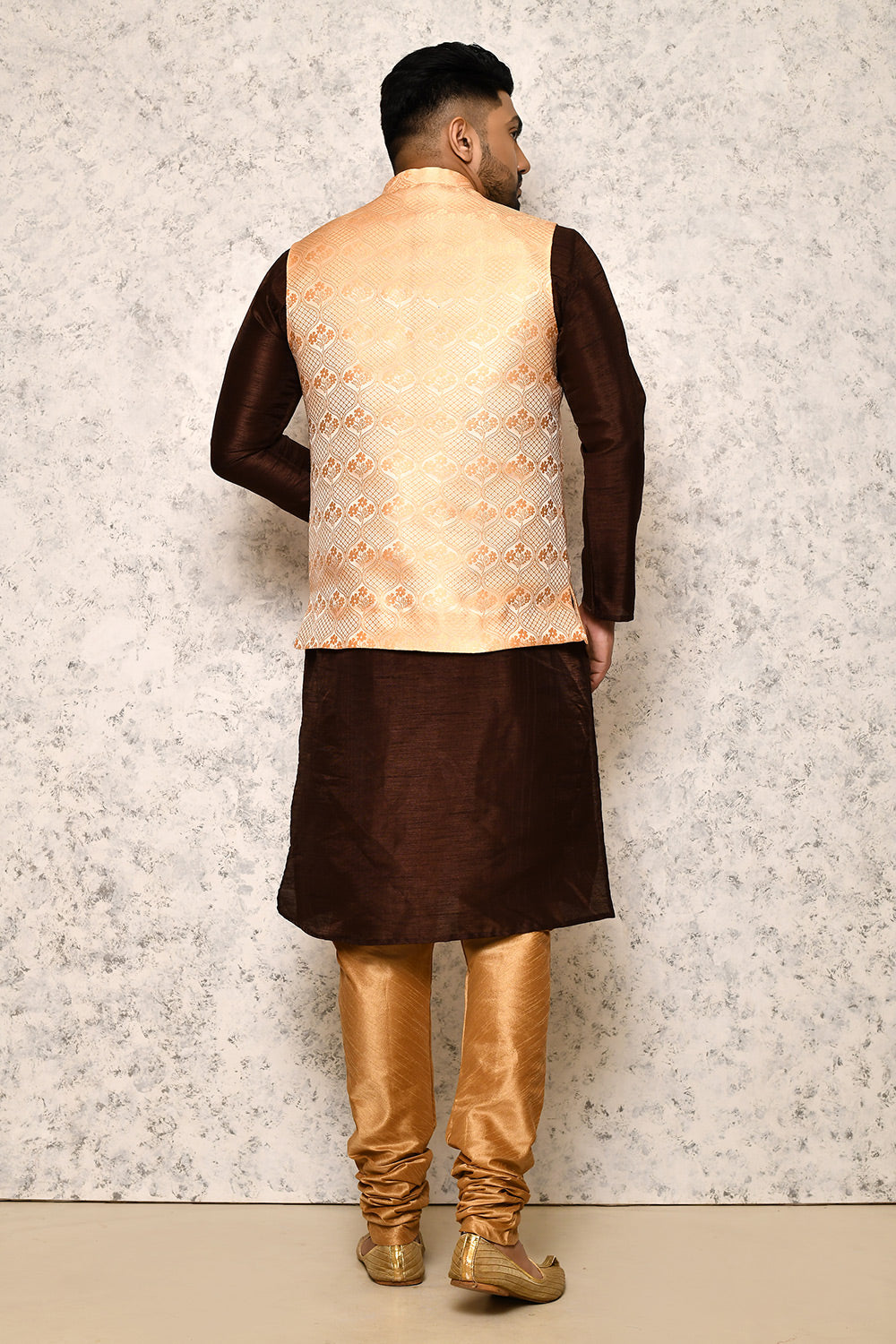 Rust Colour Jacquard Fabric With Pattern Work Jacket Set