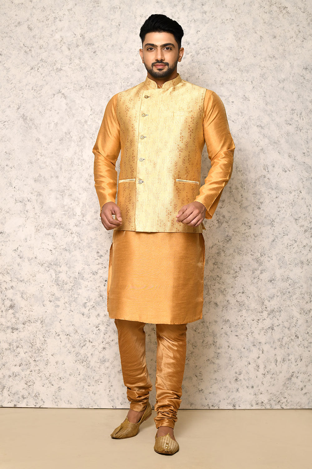 Gold Colour Jacquard Fabric With Pattern Work Jacket Set