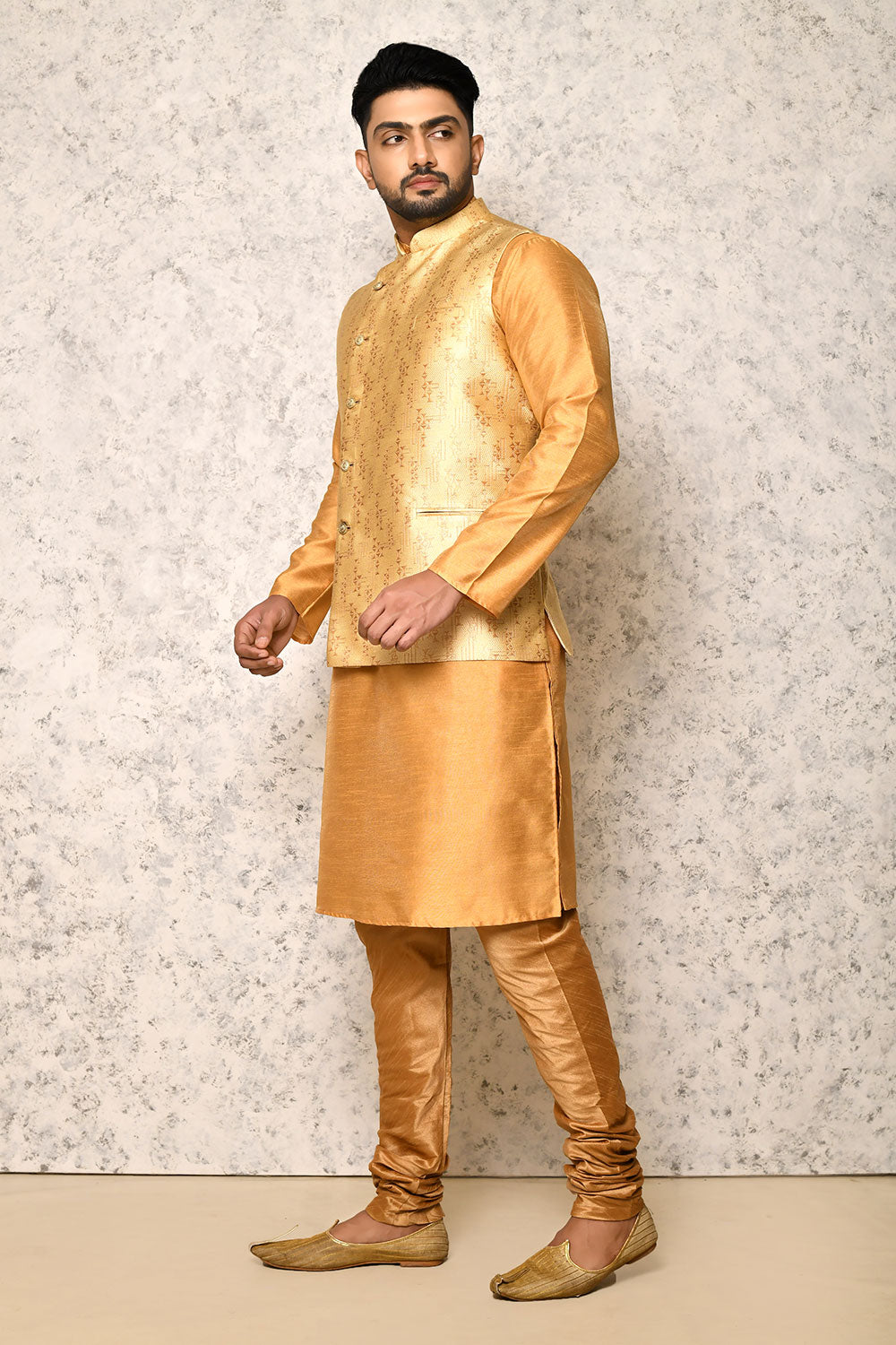 Gold Colour Jacquard Fabric With Pattern Work Jacket Set