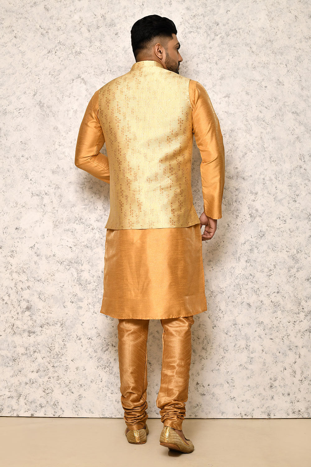 Gold Colour Jacquard Fabric With Pattern Work Jacket Set