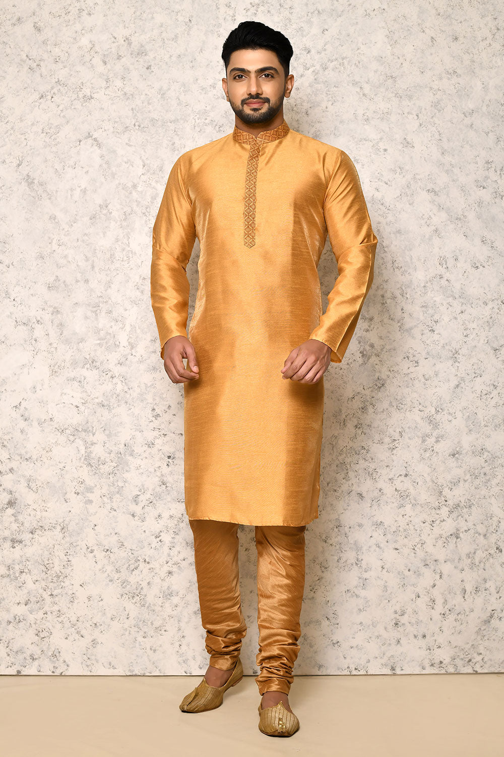 Gold Colour Jacquard Fabric With Pattern Work Jacket Set