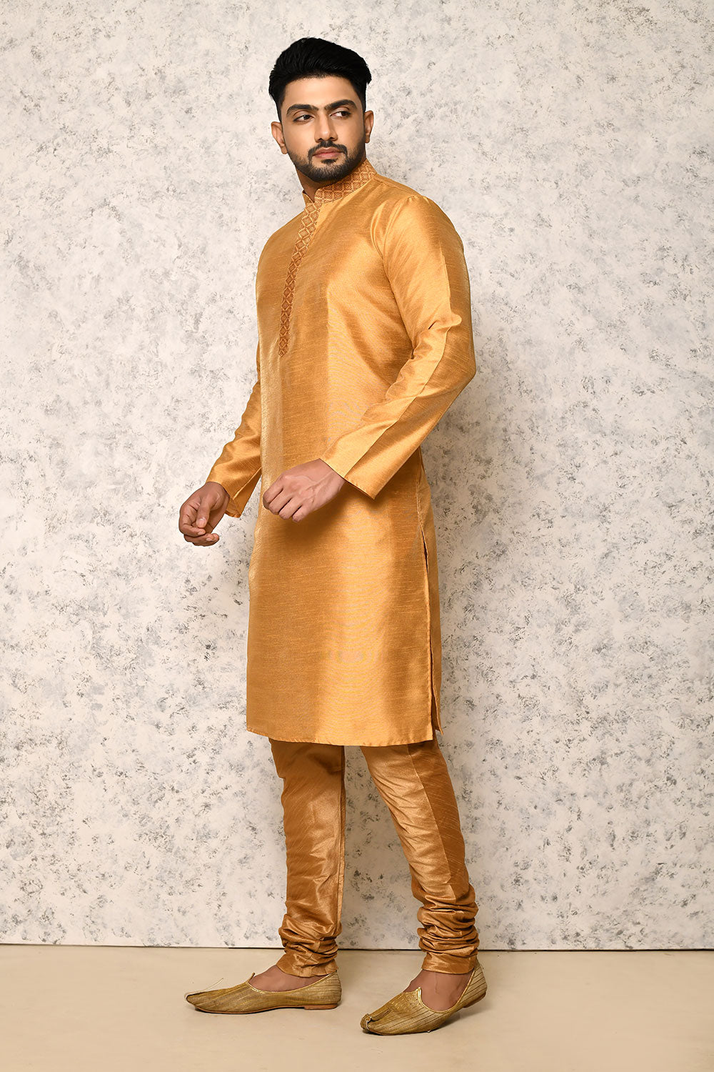 Gold Colour Jacquard Fabric With Pattern Work Jacket Set