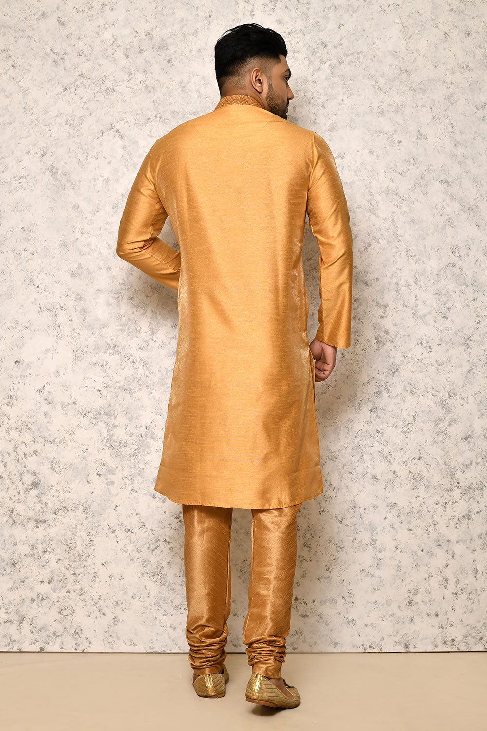 Gold Colour Jacquard Fabric With Pattern Work Jacket Set