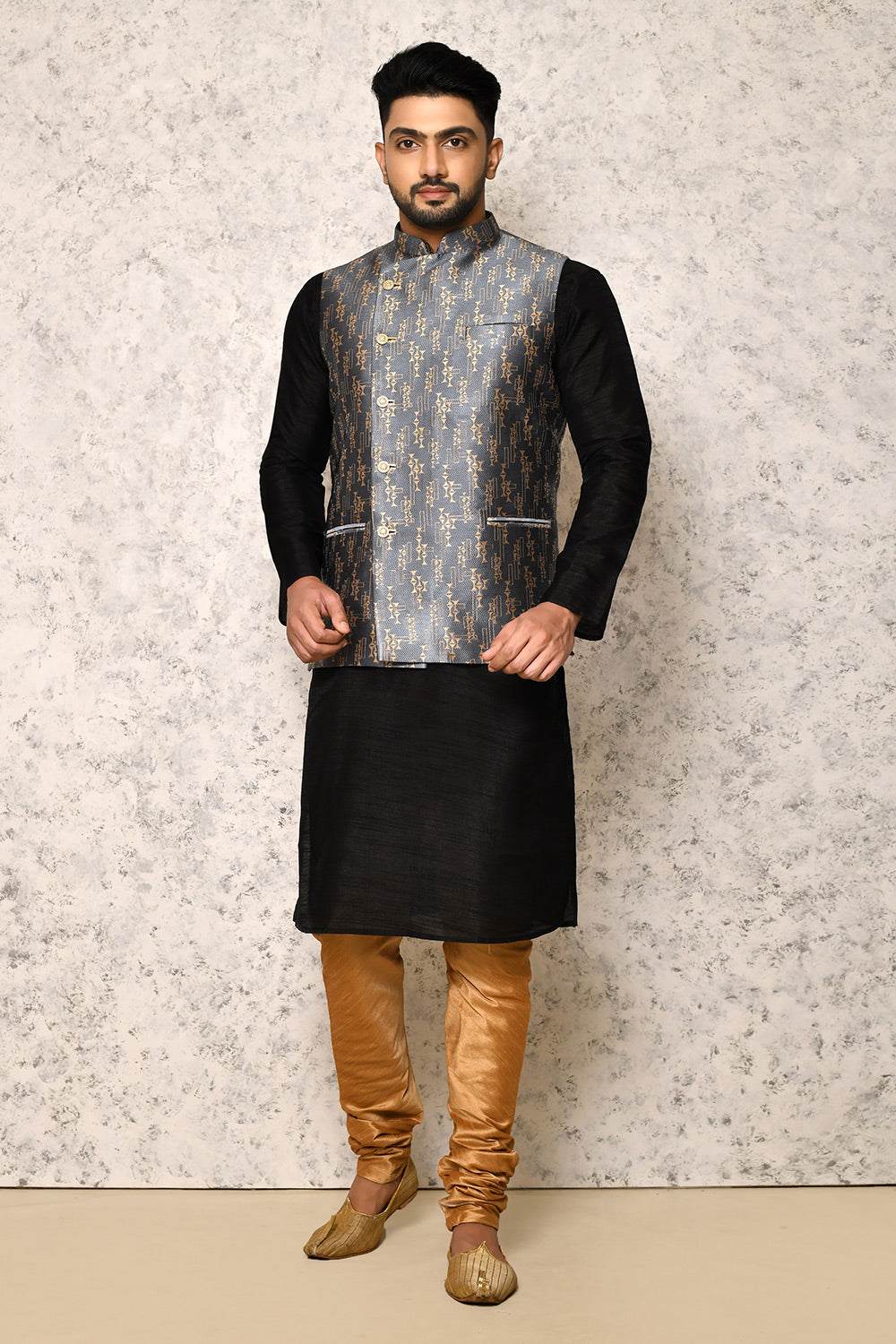 Grey Colour Jacquard Fabric With Pattern Work Jacket Set