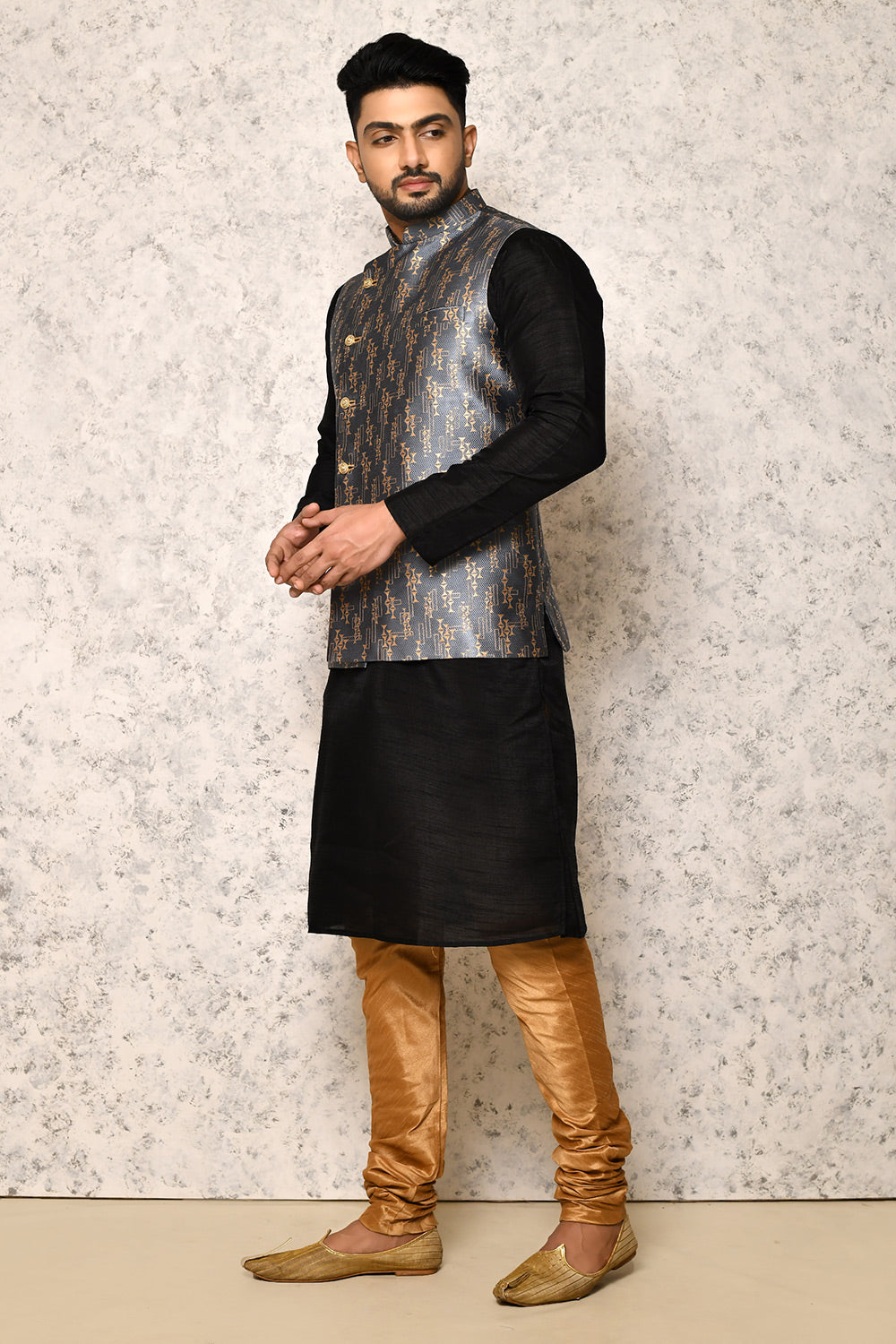 Grey Colour Jacquard Fabric With Pattern Work Jacket Set