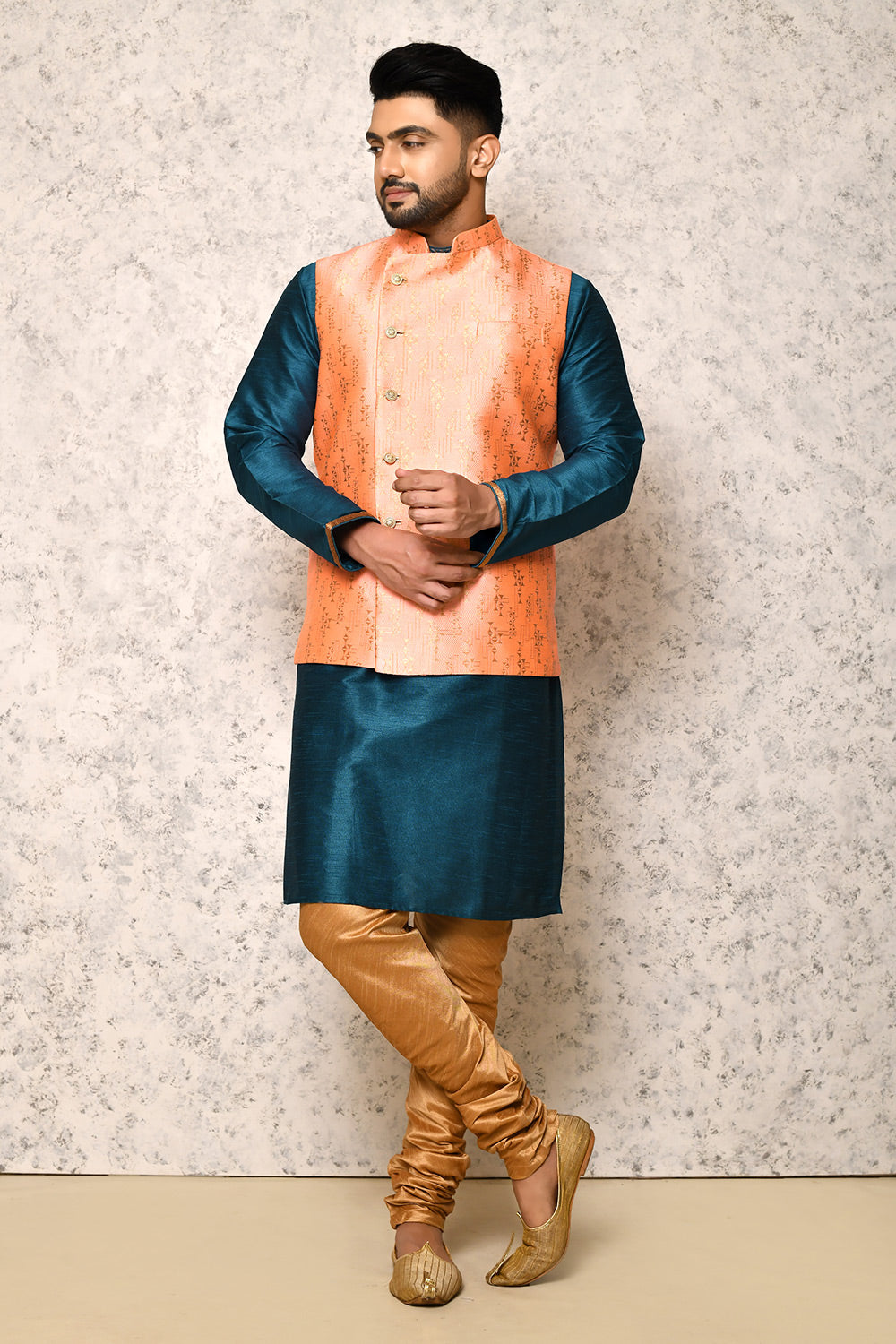 Rust Colour Jacquard Fabric With Pattern Work Jacket Set