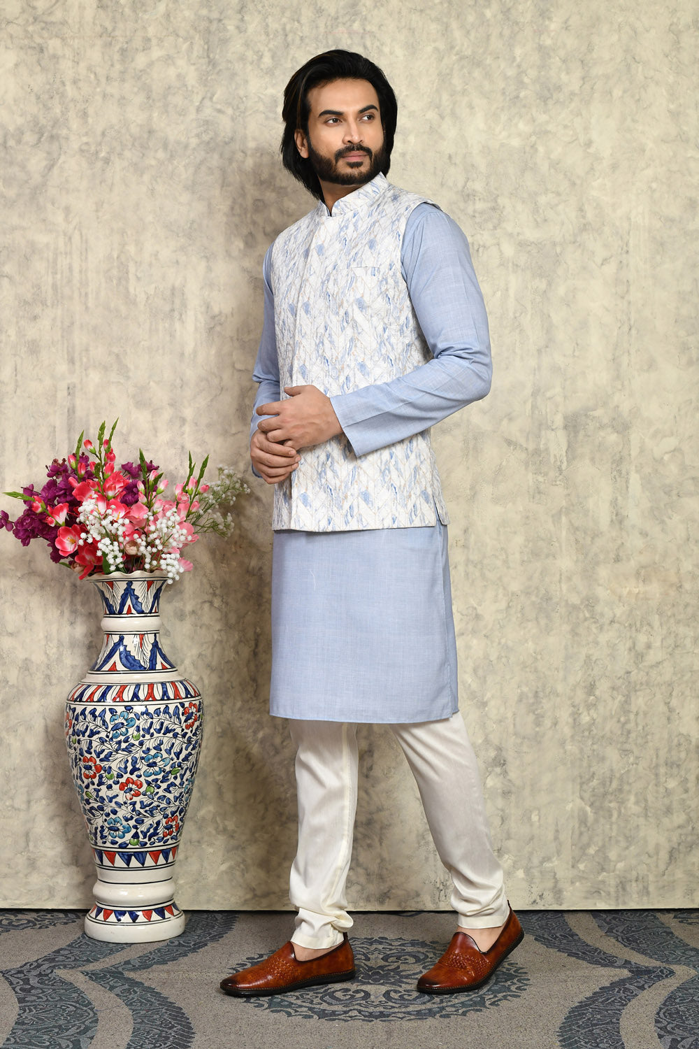 Blue Colour Cotton  Fabric Woven Kurta Pajama & Jacket Set