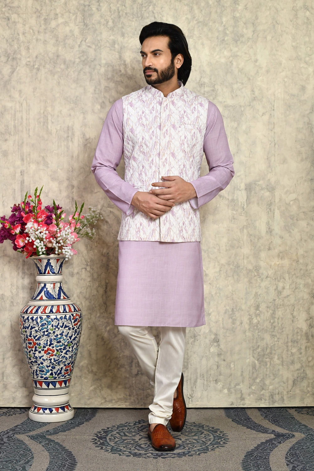 Mauve Colour Cotton  Fabric Woven Kurta Pajama & Jacket Set