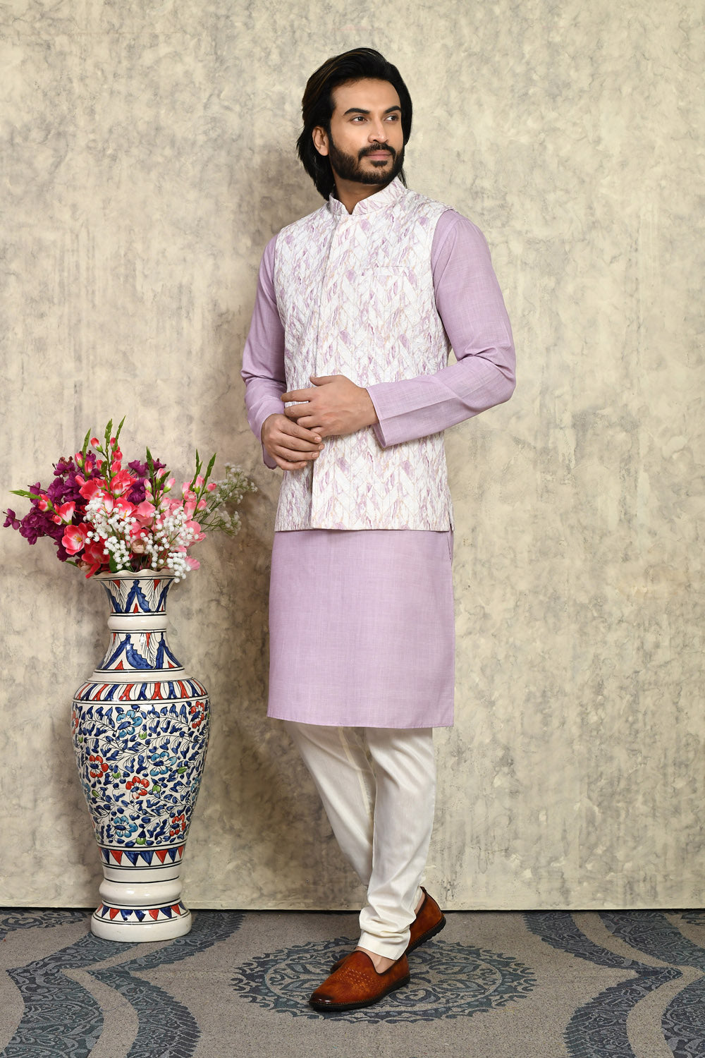 Mauve Colour Cotton  Fabric Woven Kurta Pajama & Jacket Set