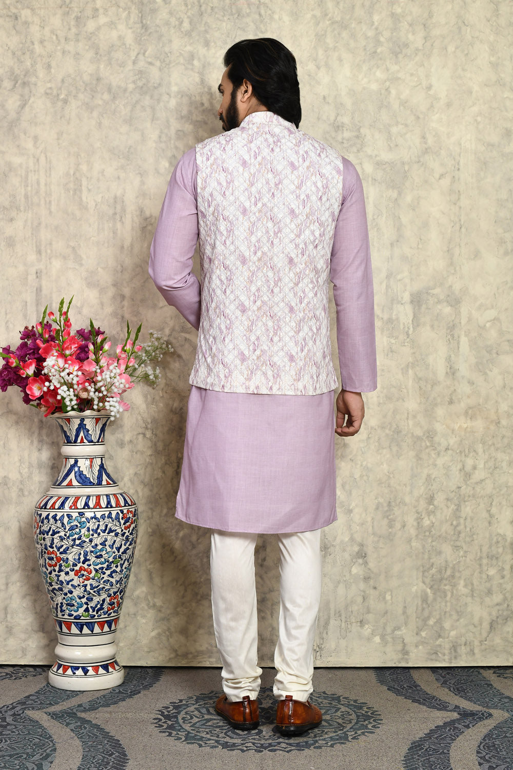 Mauve Colour Cotton  Fabric Woven Kurta Pajama & Jacket Set