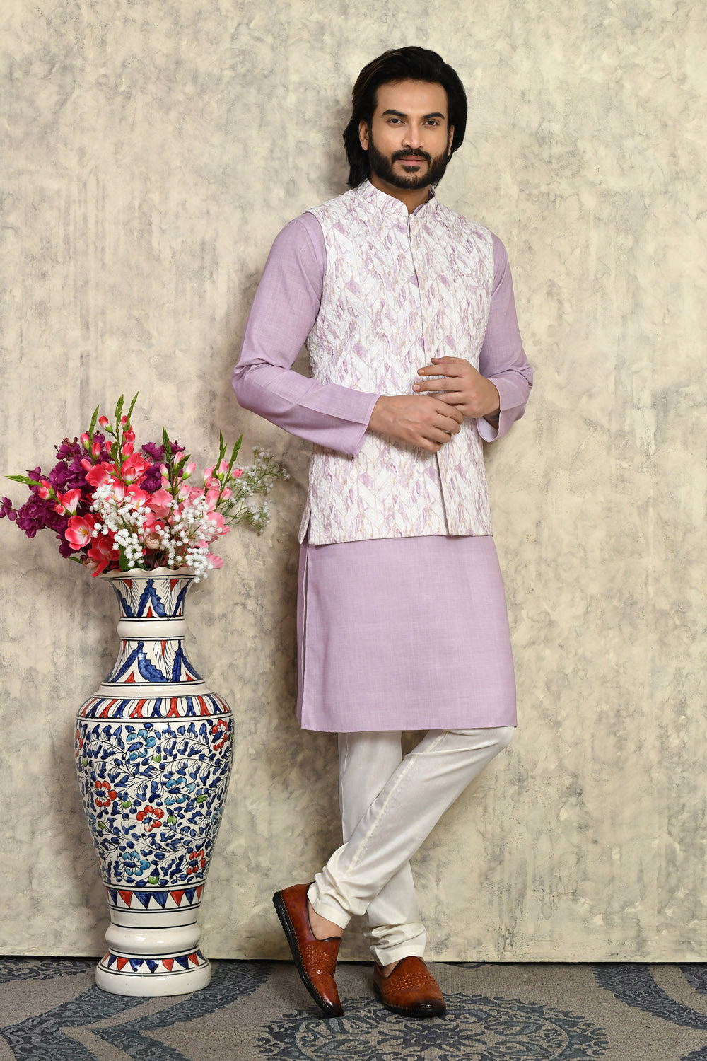 Mauve Colour Cotton  Fabric Woven Kurta Pajama & Jacket Set