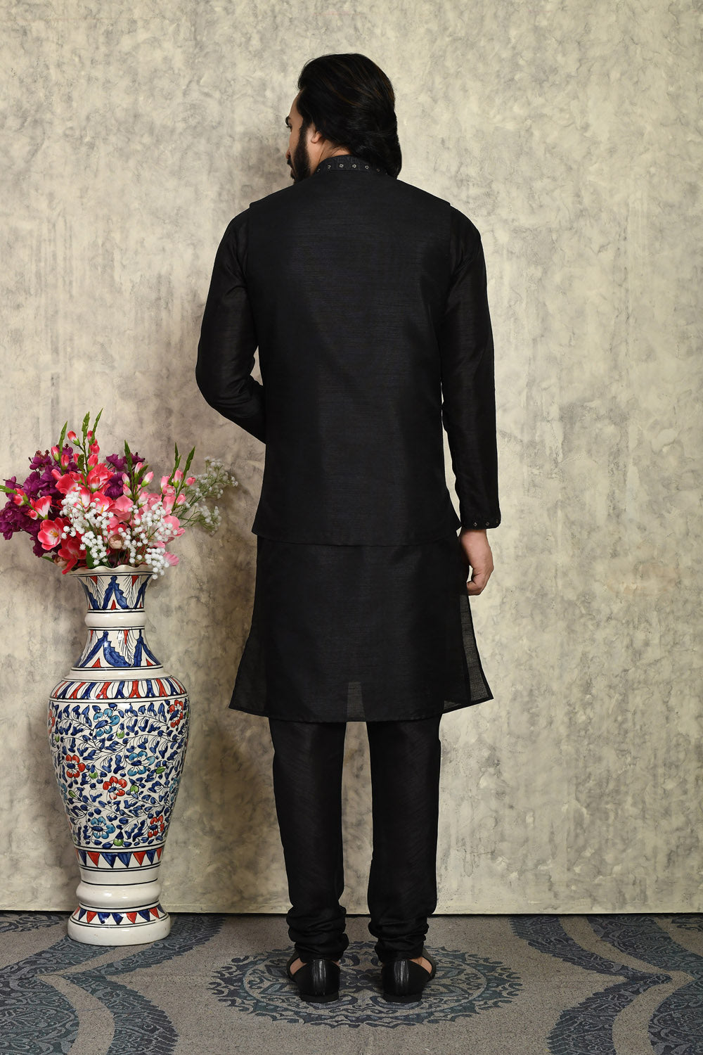 Black Colour Art Silk Fabric With Embroidered Jacket Set