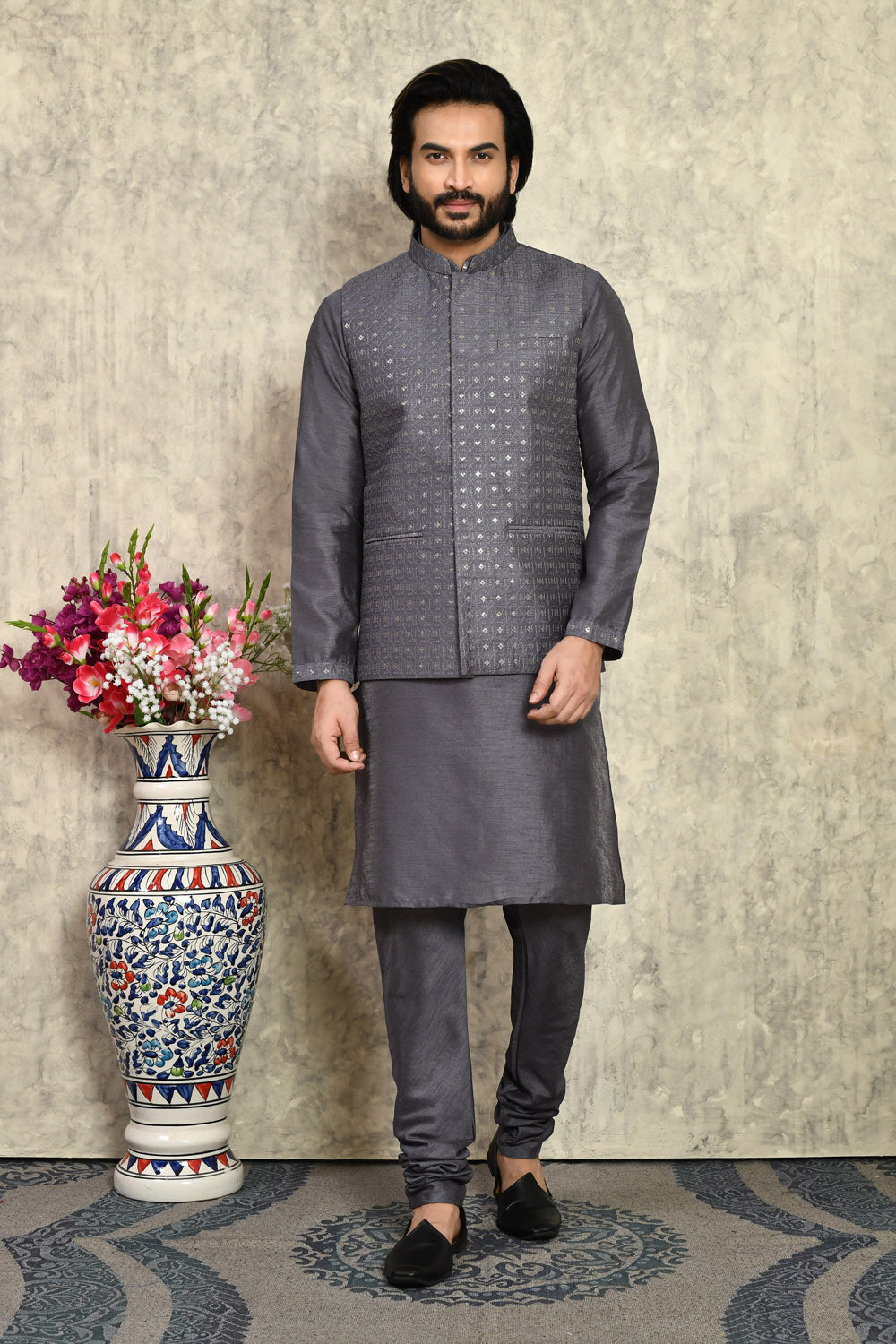 Grey Colour Art Silk Fabric With Embroidered Jacket Set