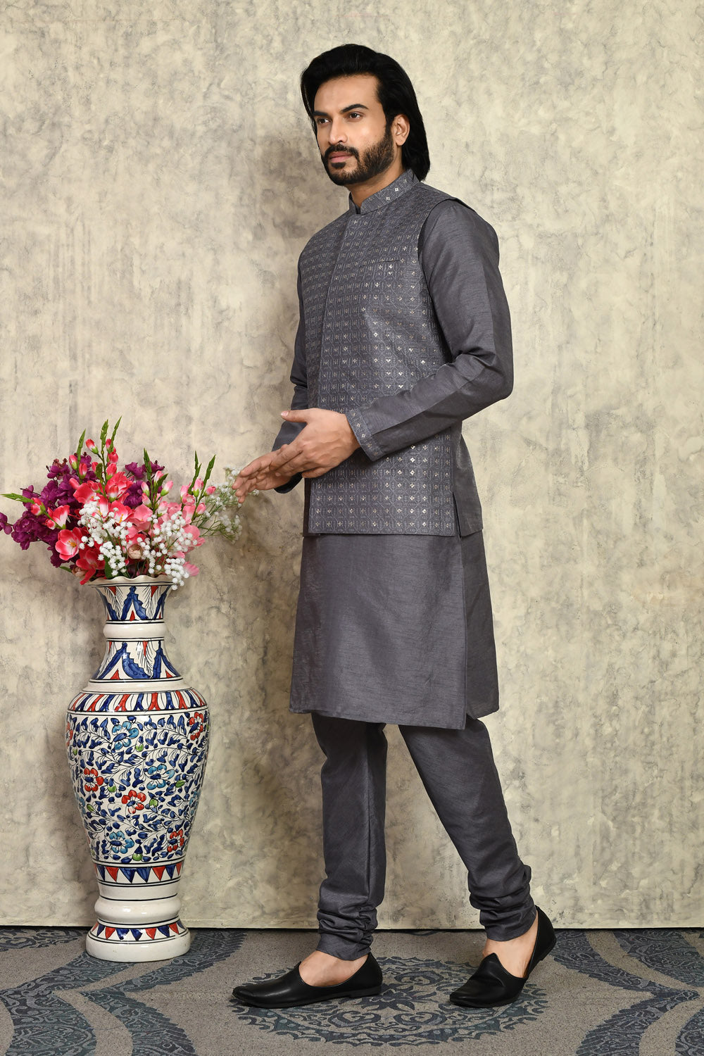 Grey Colour Art Silk Fabric With Embroidered Jacket Set