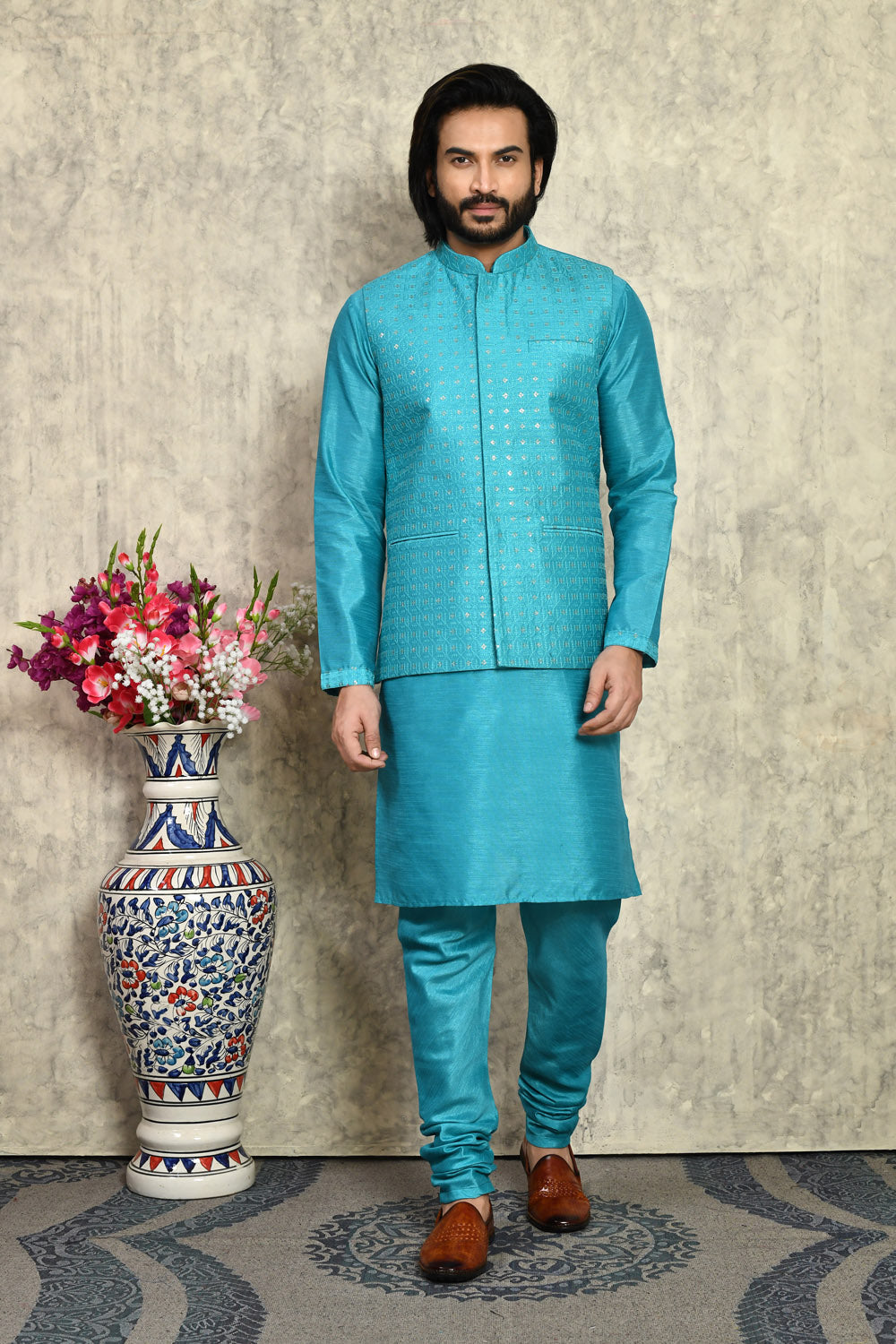 Turquoise Colour Art Silk Fabric With Embroidered Jacket Set