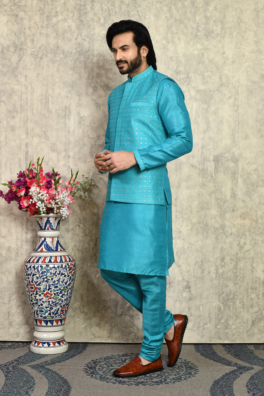 Turquoise Colour Art Silk Fabric With Embroidered Jacket Set