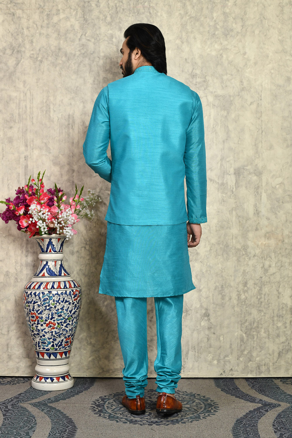 Turquoise Colour Art Silk Fabric With Embroidered Jacket Set