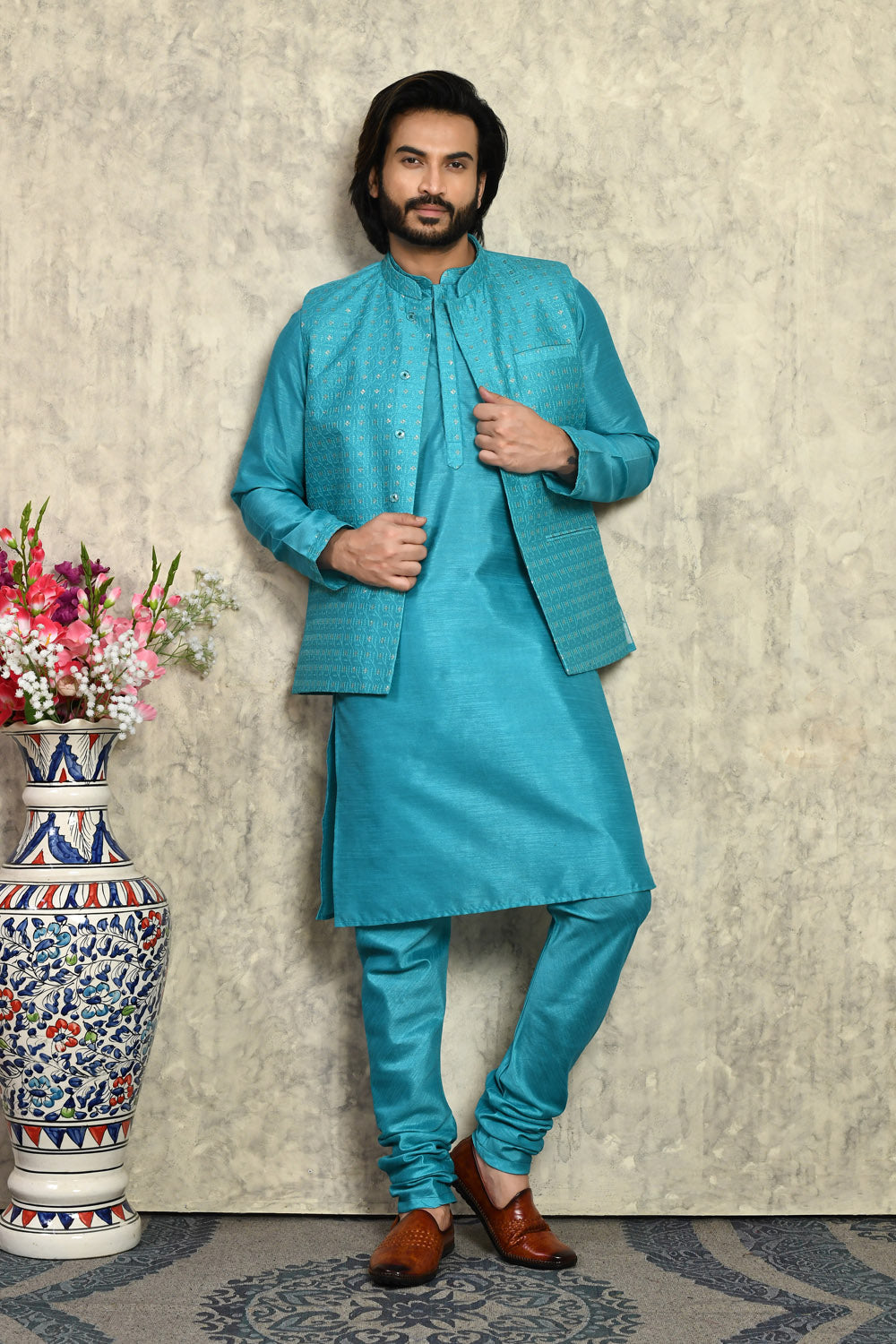 Turquoise Colour Art Silk Fabric With Embroidered Jacket Set