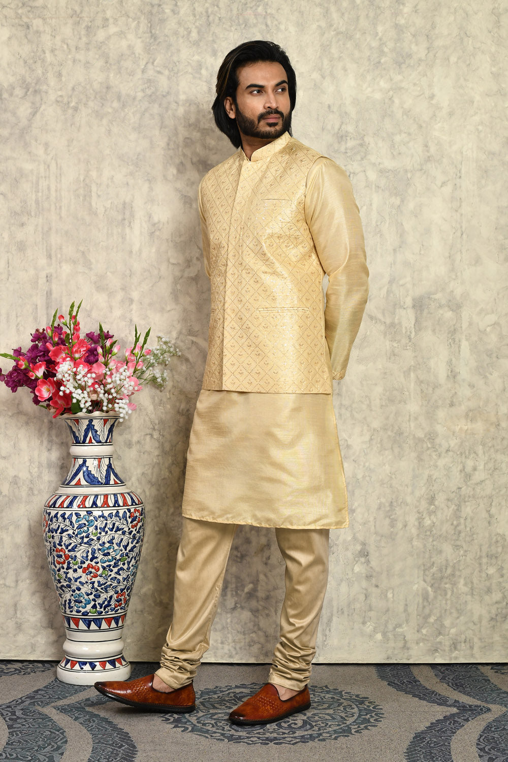 Beige Colour Art Silk Fabric With Embroidered Jacket Set