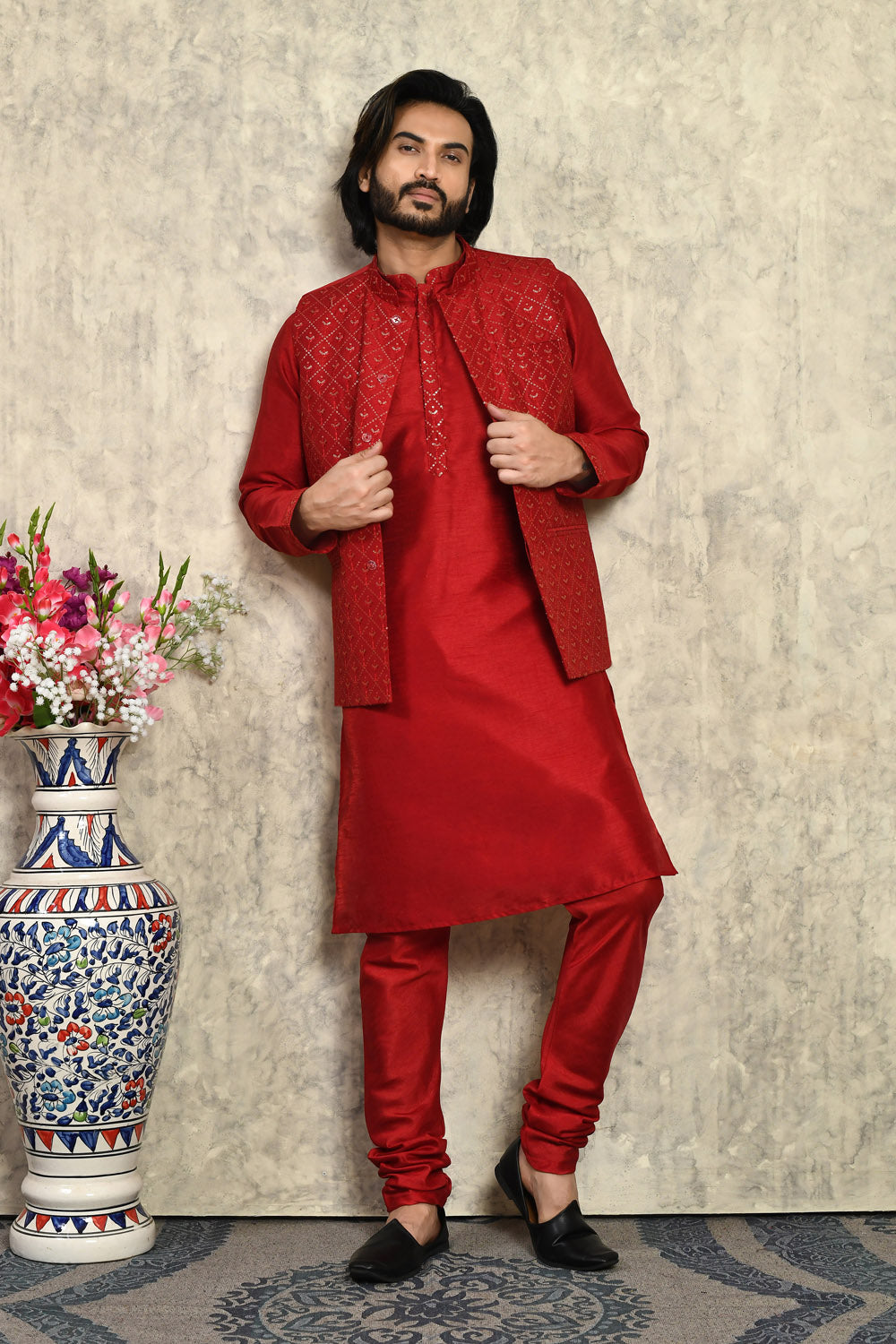 Maroon Colour Art Silk Fabric With Embroidered Jacket Set