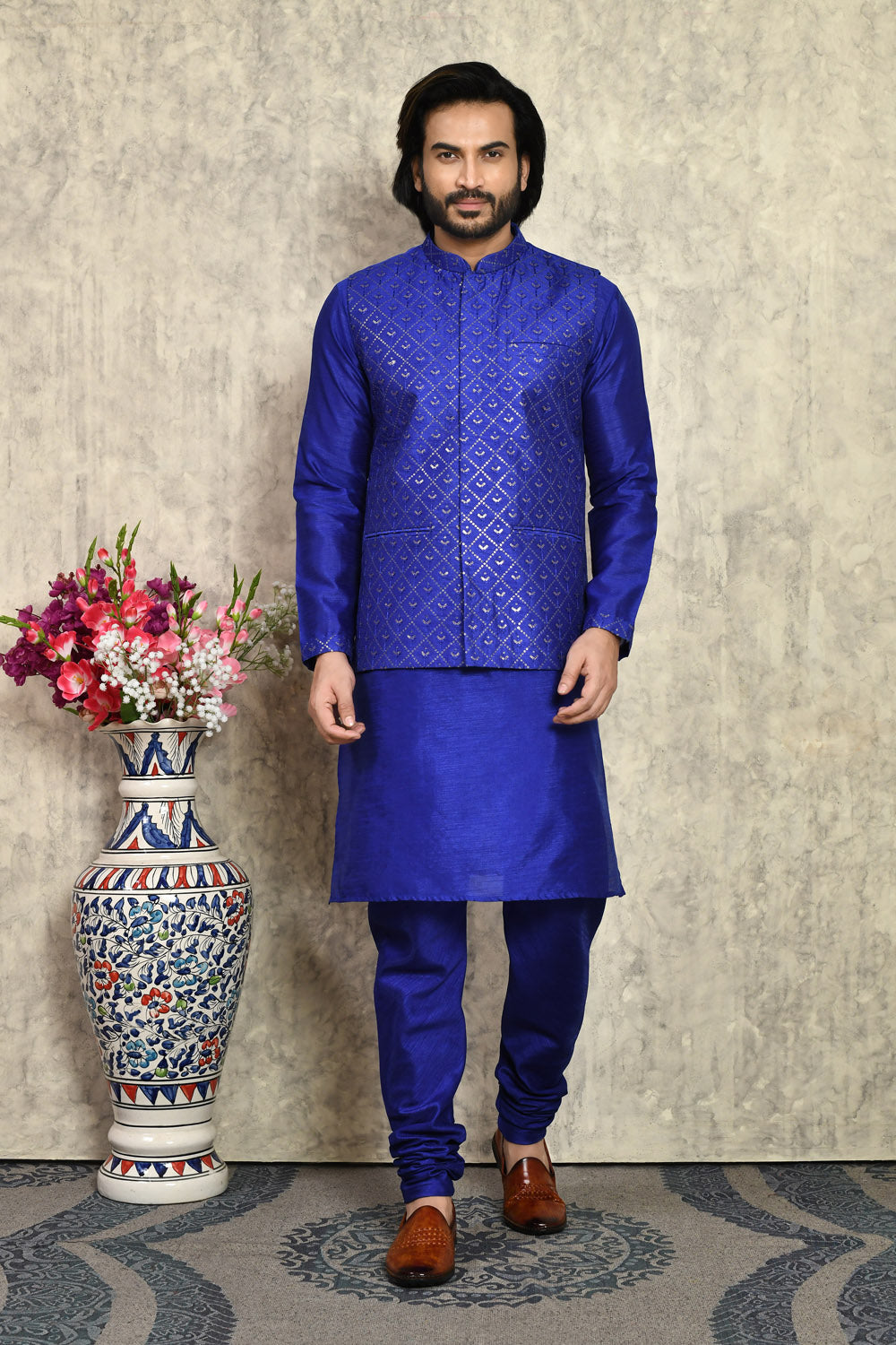 Royal Blue Colour Art Silk Fabric With Embroidered Jacket Set