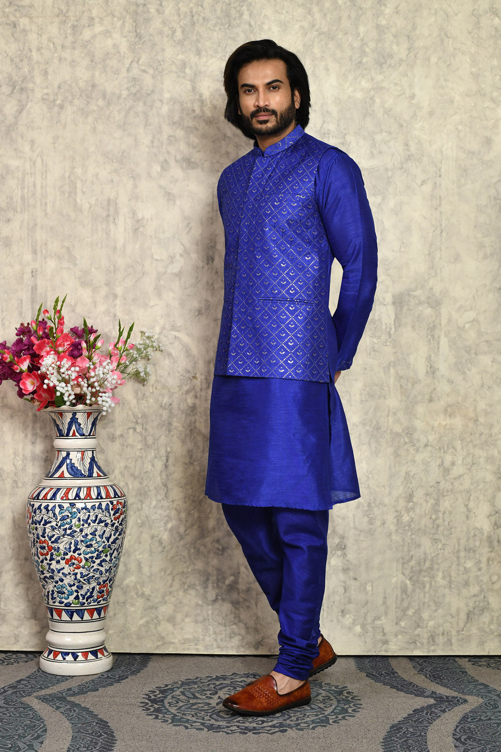 Royal Blue Colour Art Silk Fabric With Embroidered Jacket Set