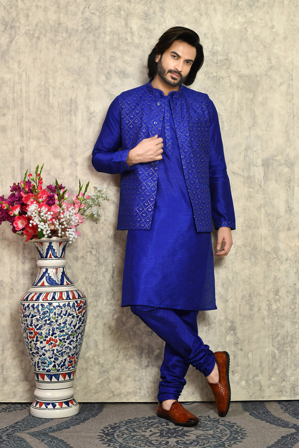 Royal Blue Colour Art Silk Fabric With Embroidered Jacket Set