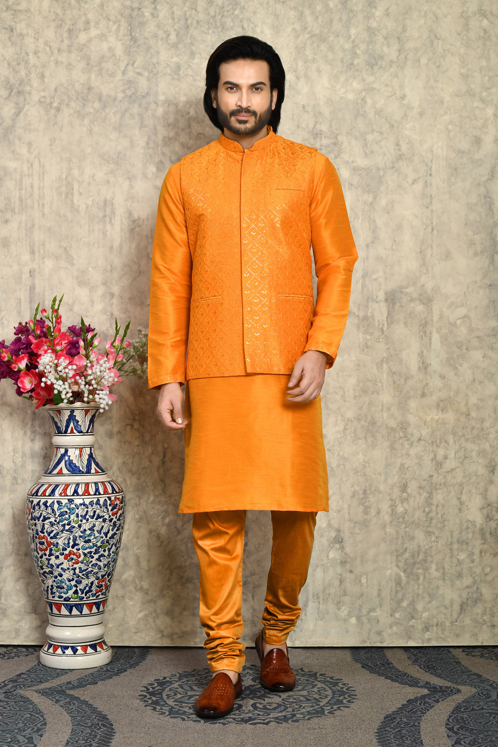 Orange Colour Art Silk Fabric With Embroidered Jacket Set