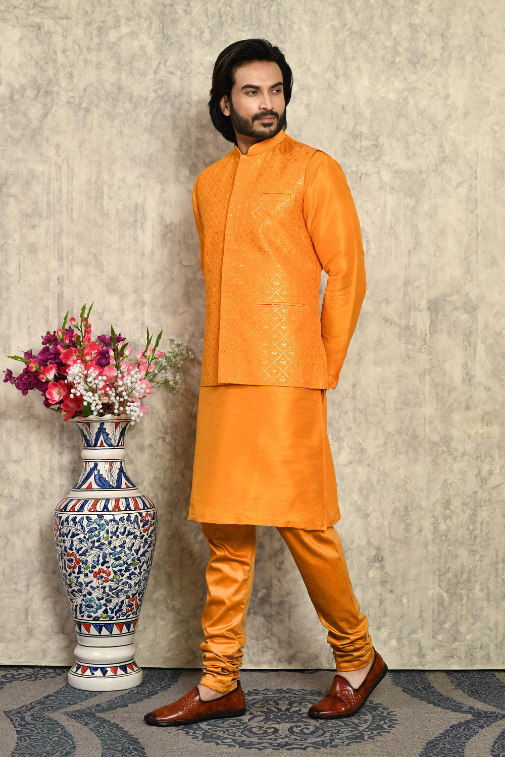 Orange Colour Art Silk Fabric With Embroidered Jacket Set