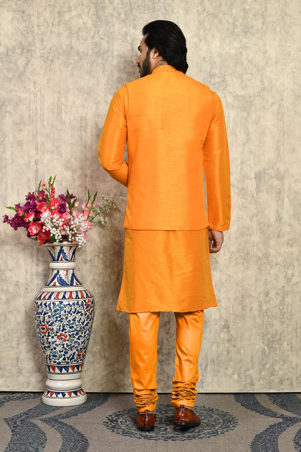 Orange Colour Art Silk Fabric With Embroidered Jacket Set