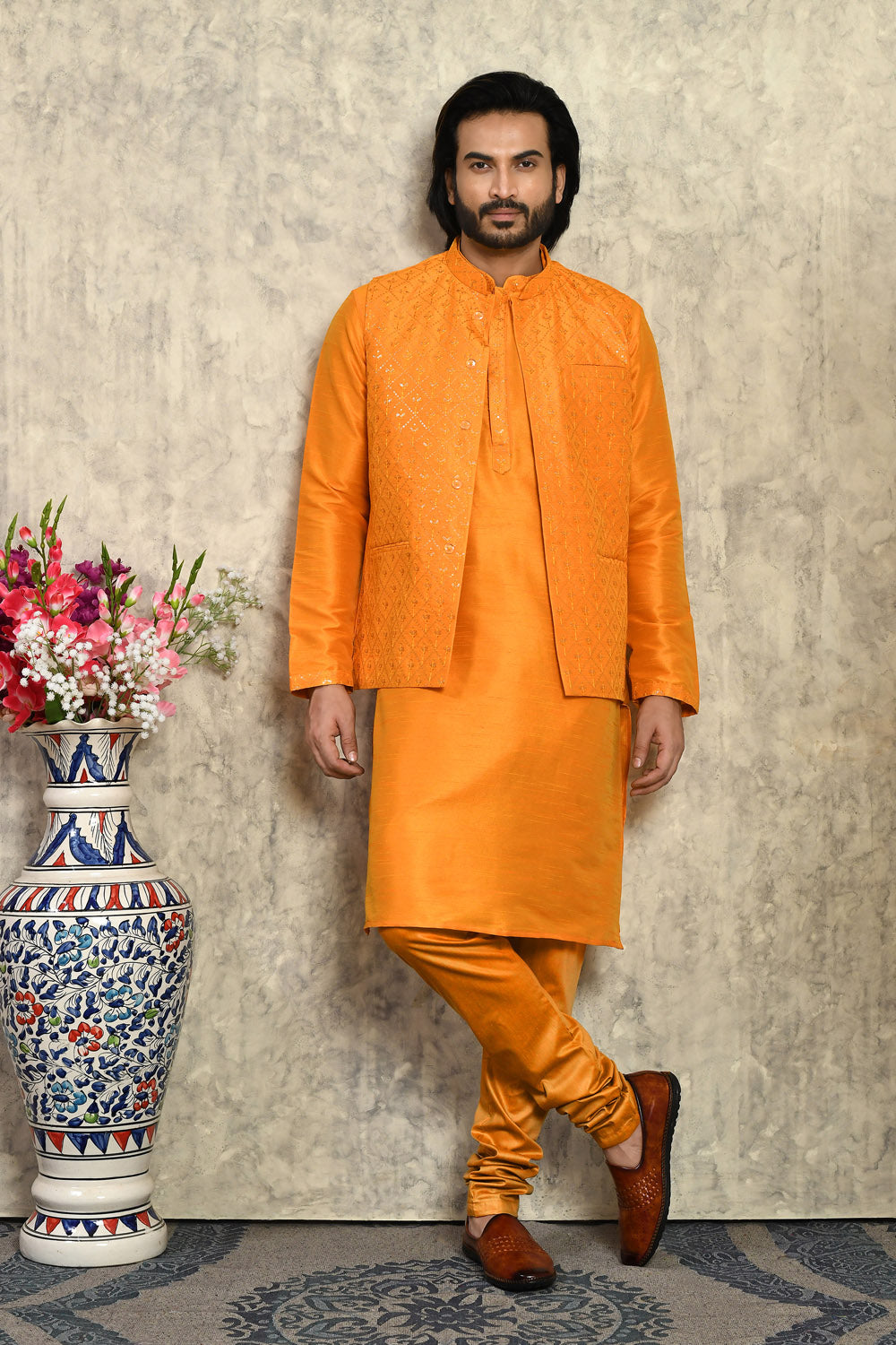 Orange Colour Art Silk Fabric With Embroidered Jacket Set