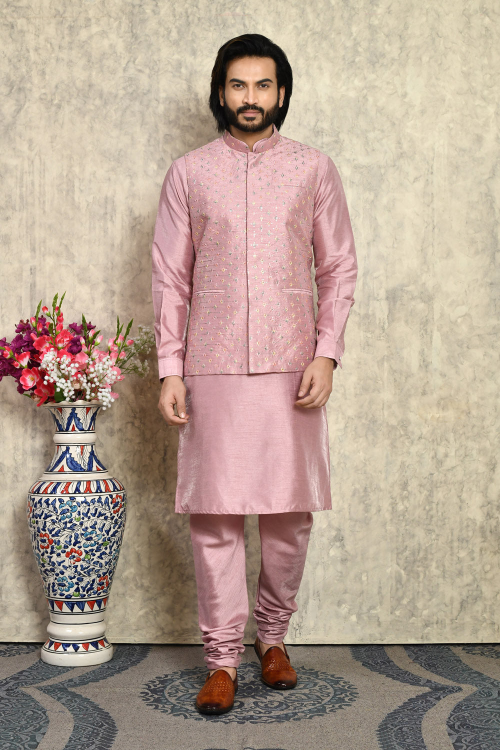 Pink Colour Art Silk Fabric With Embroidered Jacket Set