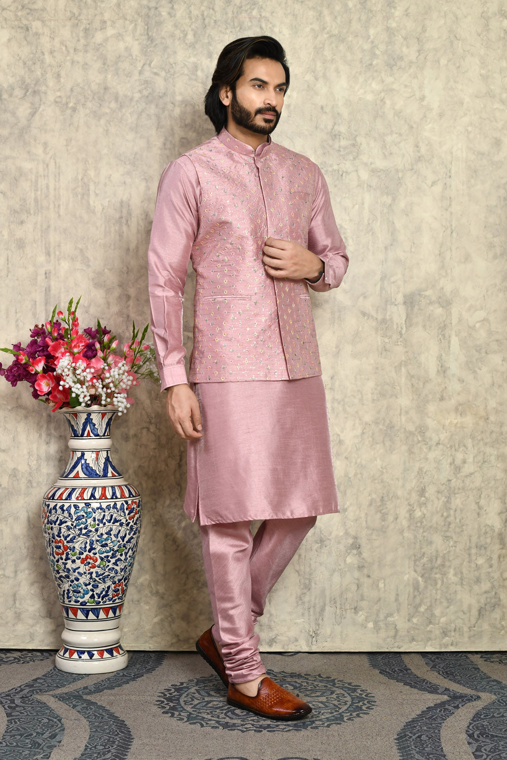 Pink Colour Art Silk Fabric With Embroidered Jacket Set