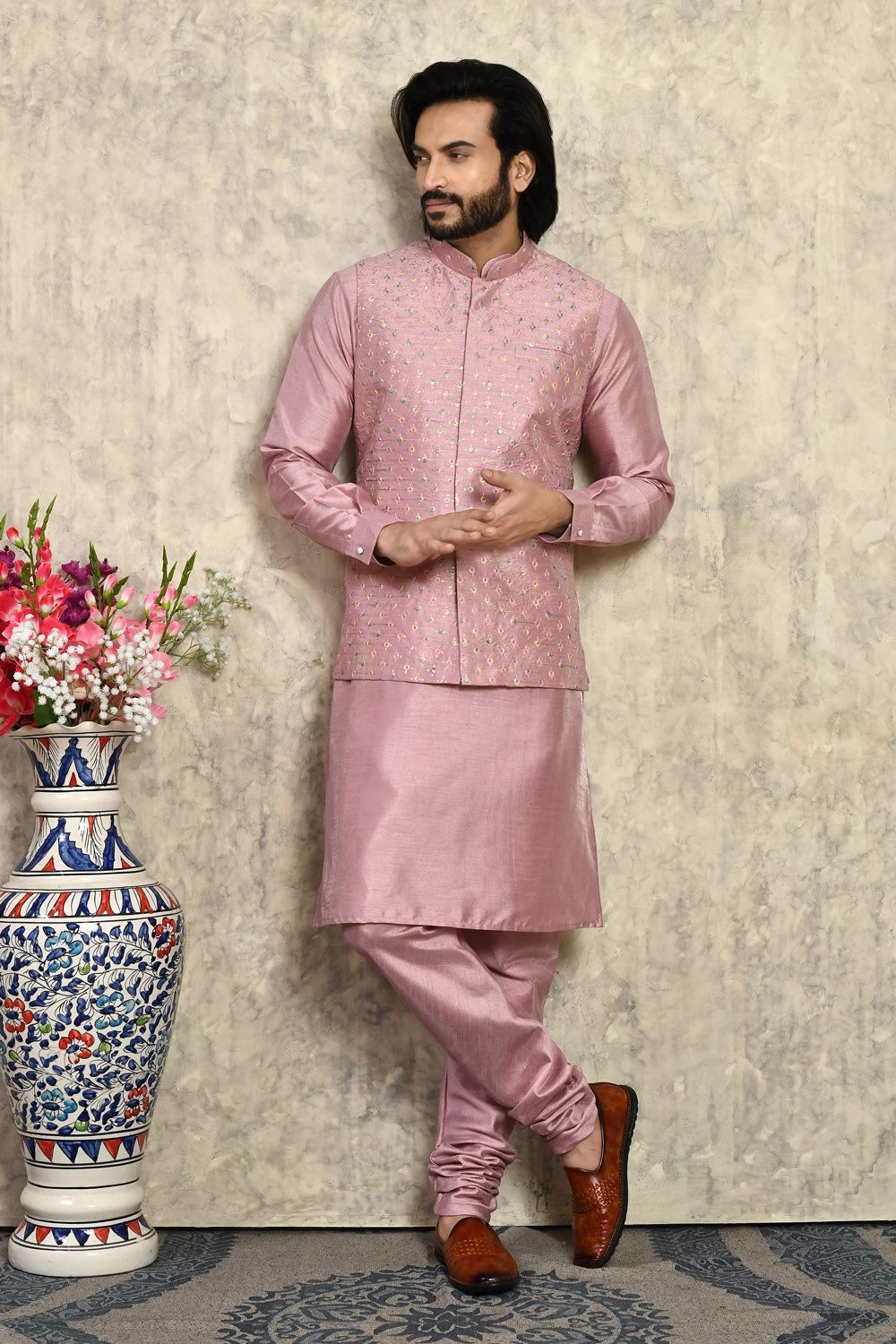 Pink Colour Art Silk Fabric With Embroidered Jacket Set