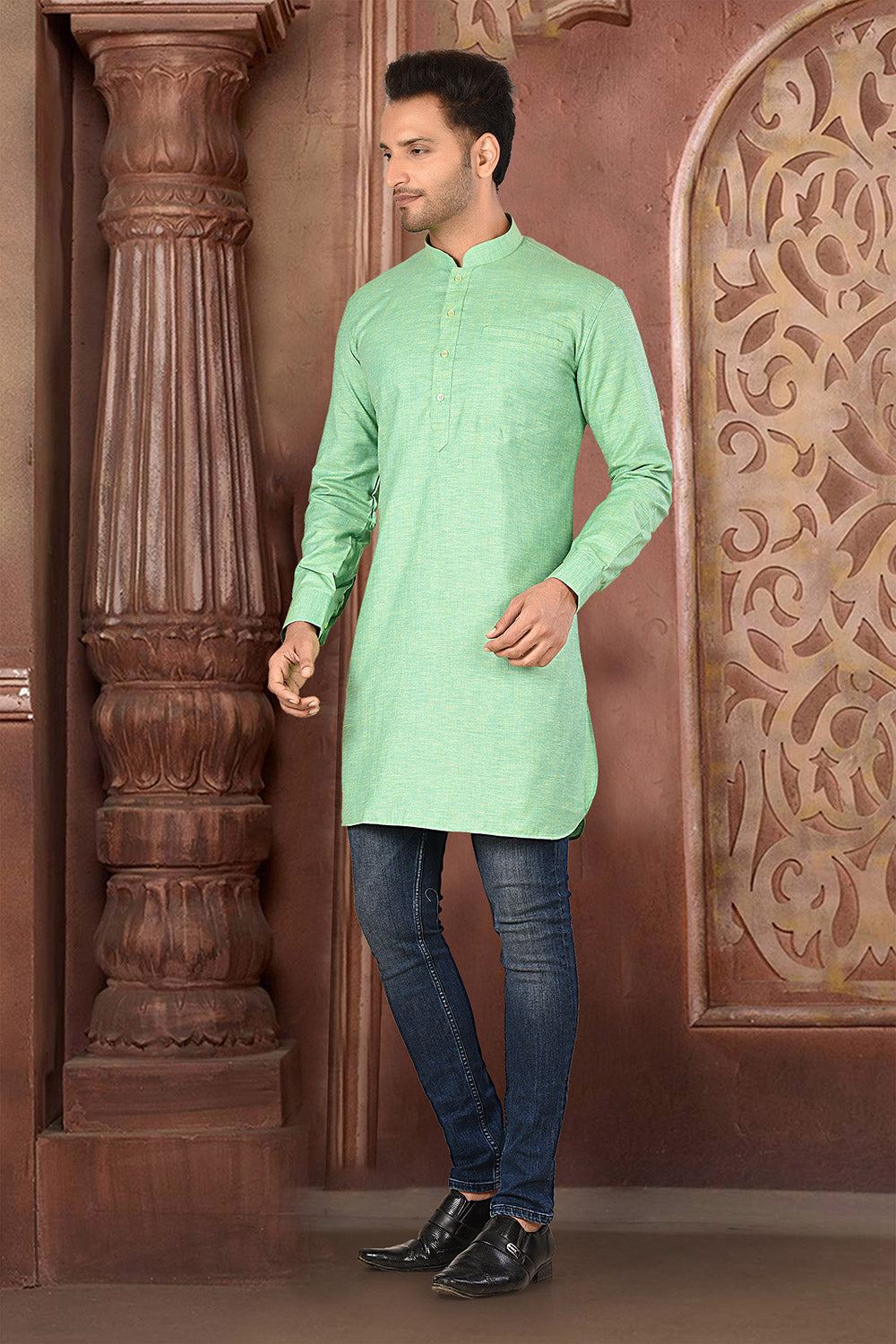 Pastel Colour COTTON LINEN Fabric Patern Short Kurta