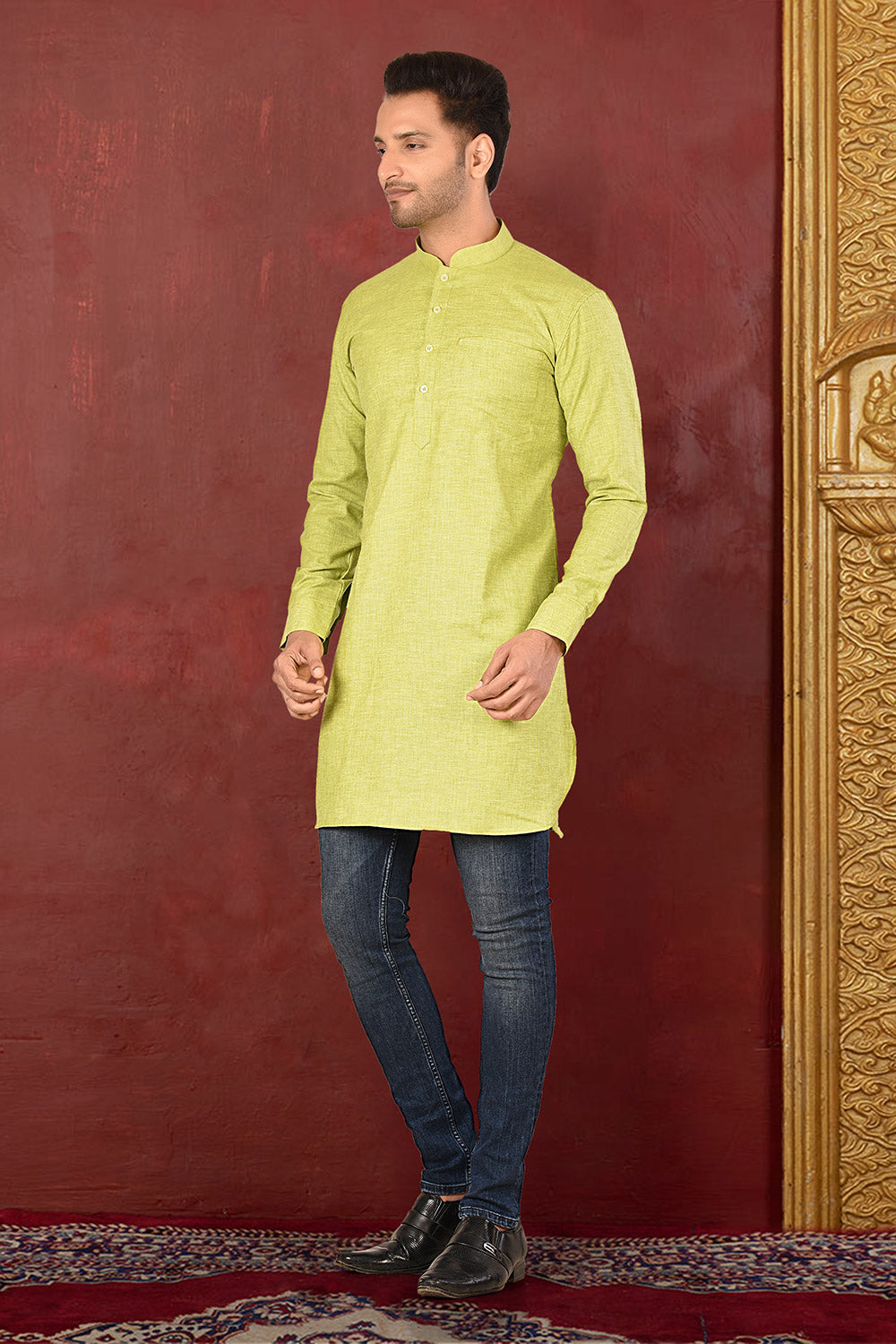 Green Colour Cotton Linen Fabric Patern Short Kurta