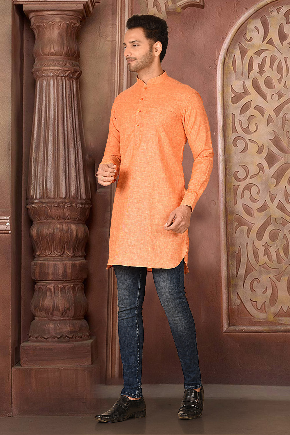 Orange Colour Muslin Cotton Fabric Patern Short Kurta