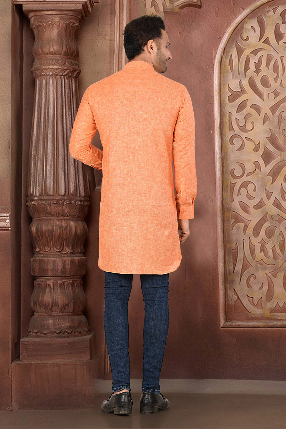 Orange Colour Muslin Cotton Fabric Patern Short Kurta