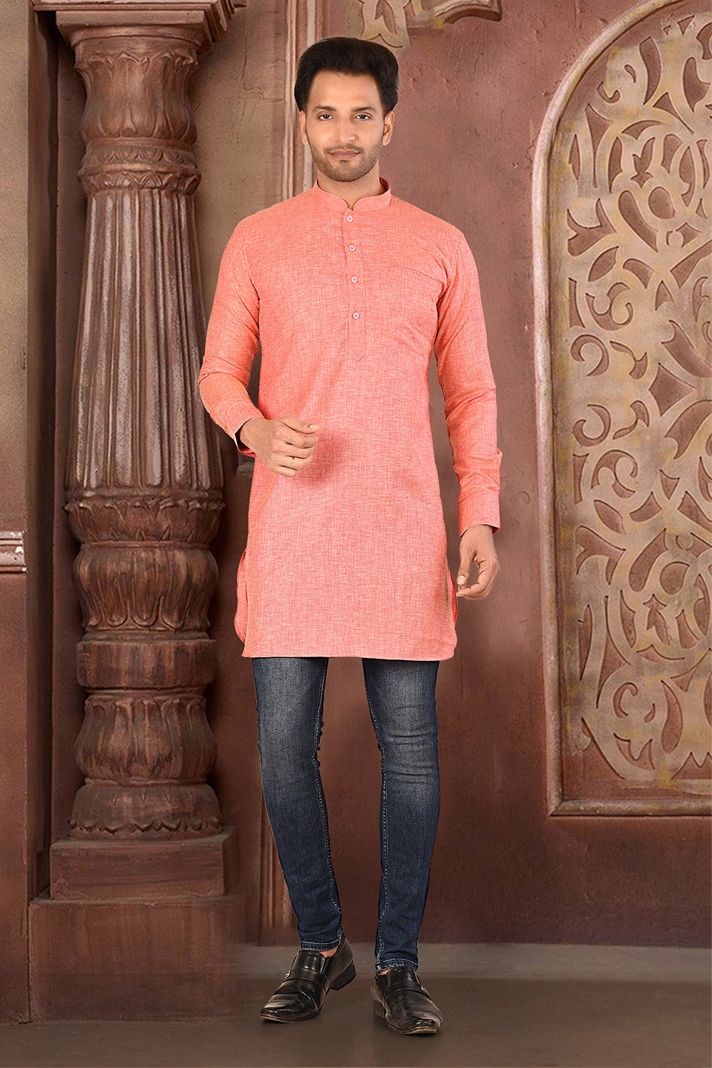 Peach Colour COTTON LINEN Fabric Patern Short Kurta