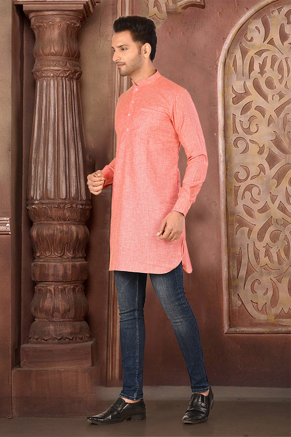 Peach Colour COTTON LINEN Fabric Patern Short Kurta