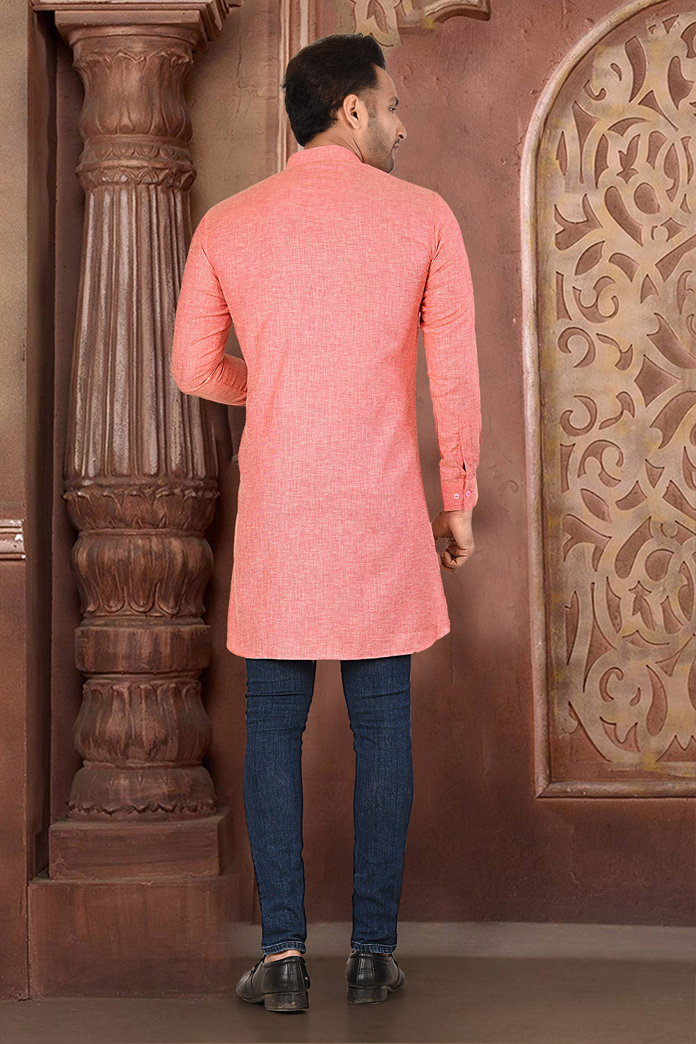 Peach Colour COTTON LINEN Fabric Patern Short Kurta