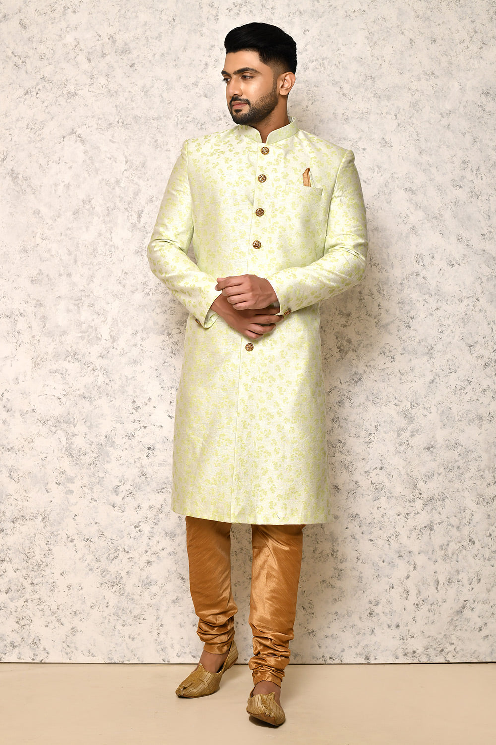 Pastel Colour Jacquard Fabric With Pattern Work Indowestern