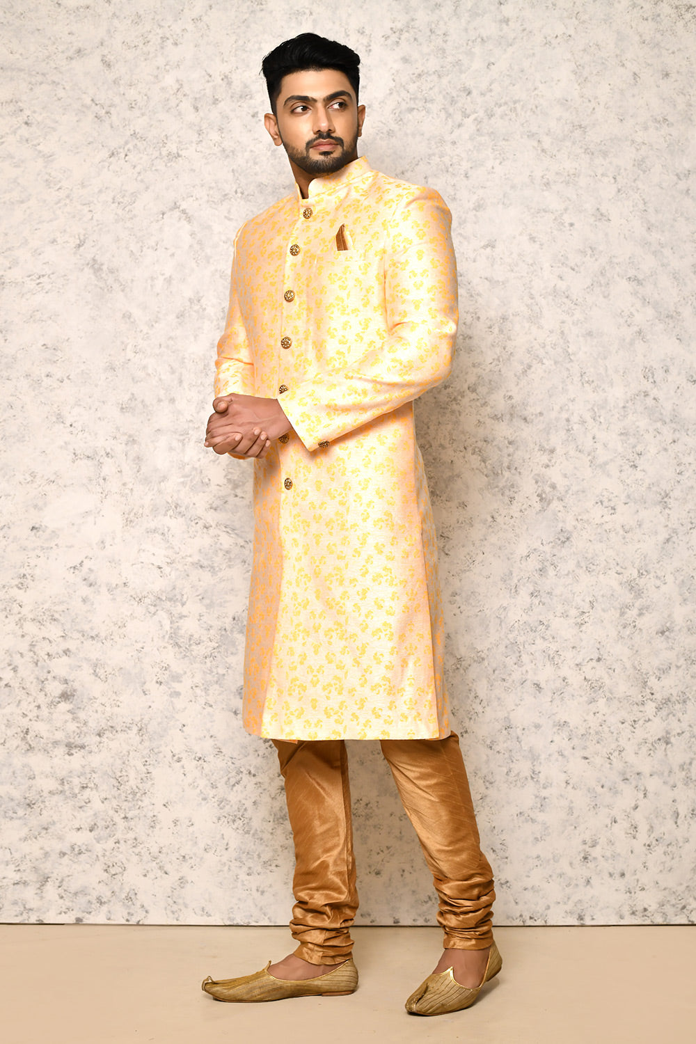 Yellow Colour Jacquard Fabric With Pattern Work Indowestern