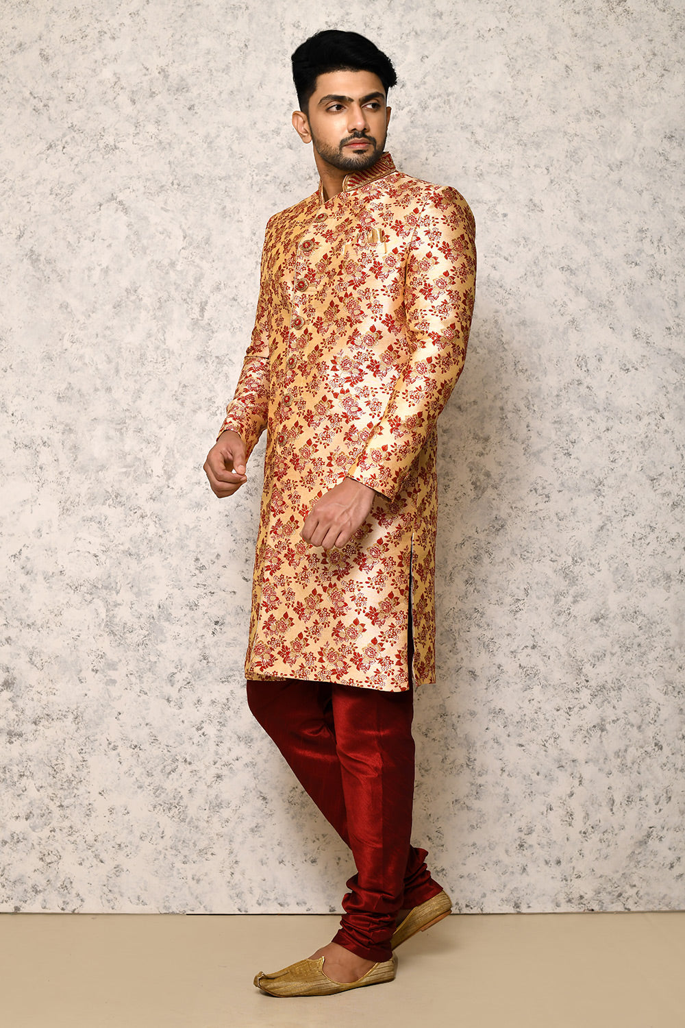 Maroon Colour Jacquard Fabric With Hand Embroidery Indowestern