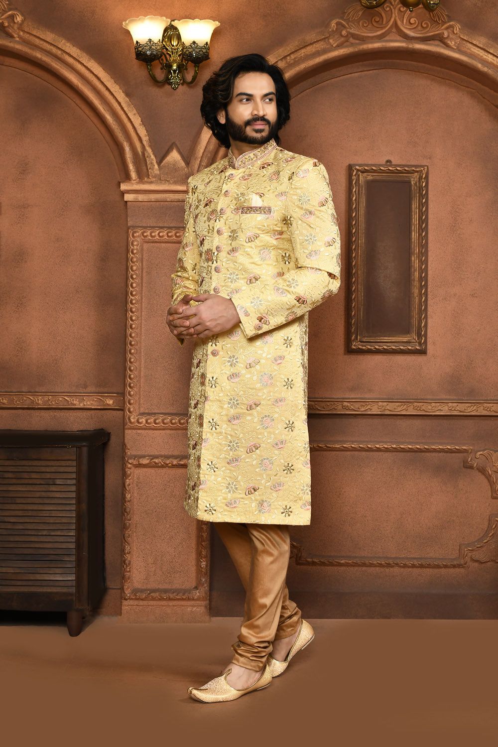 Beige Colour Art Silk Fabric With Embroidered Sherwani