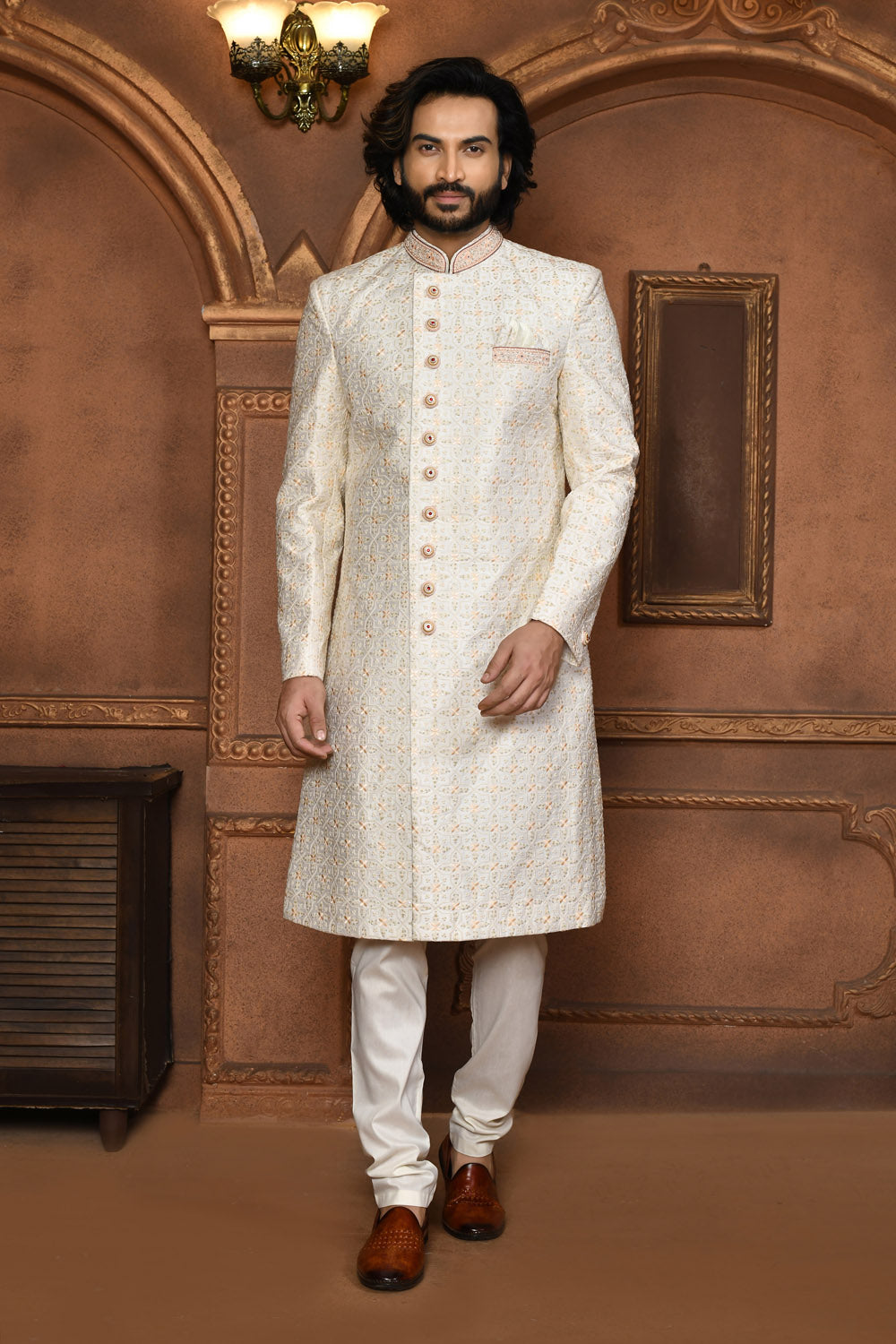 Off White Colour Art Silk Fabric With Embroidered Sherwani
