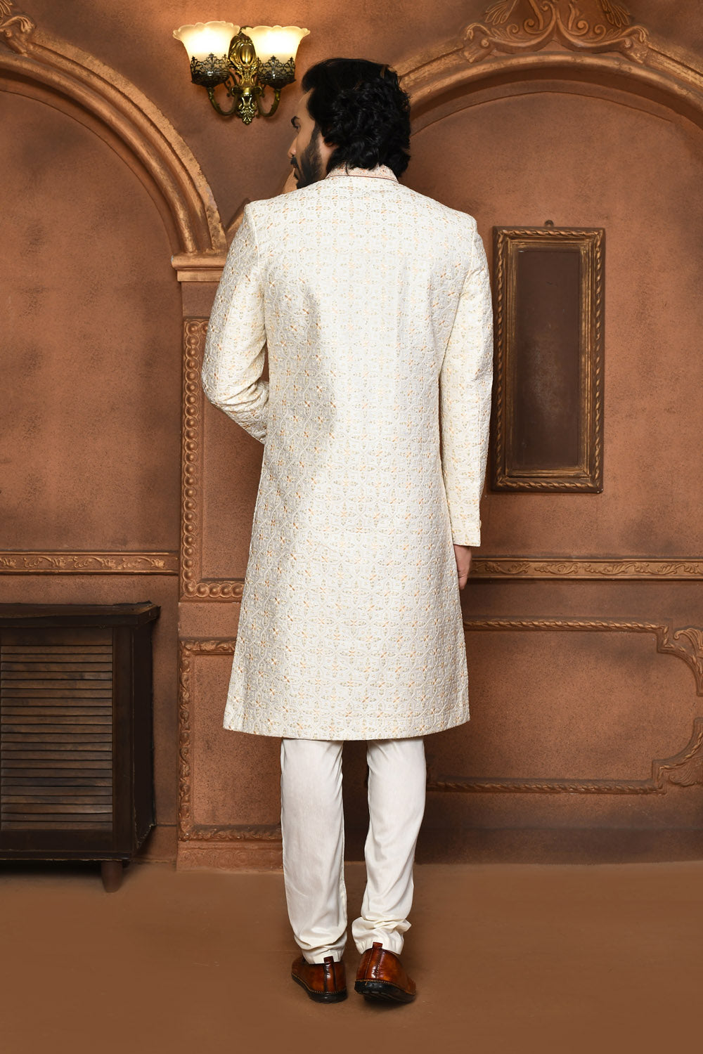 Off White Colour Art Silk Fabric With Embroidered Sherwani