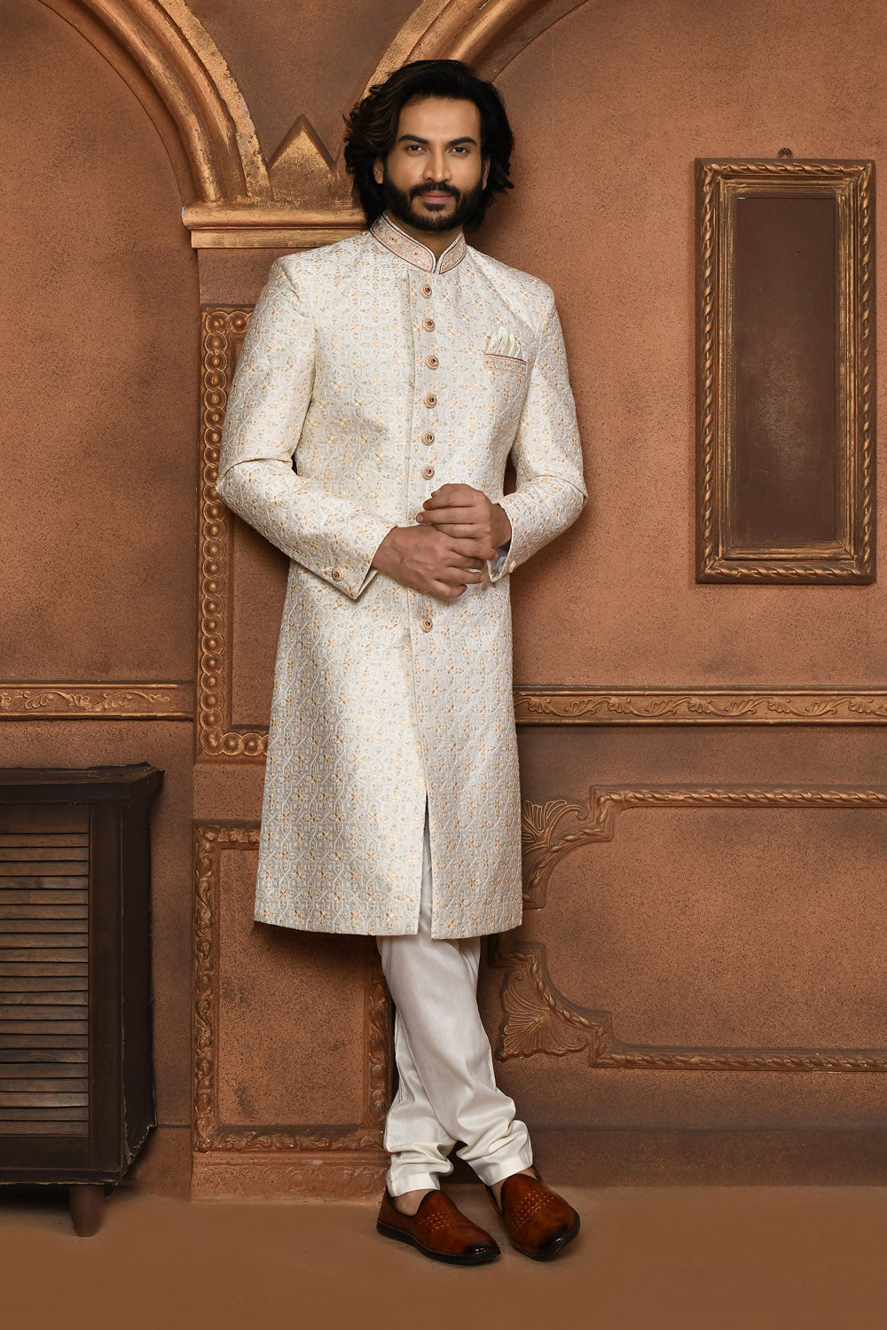 Off White Colour Art Silk Fabric With Embroidered Sherwani