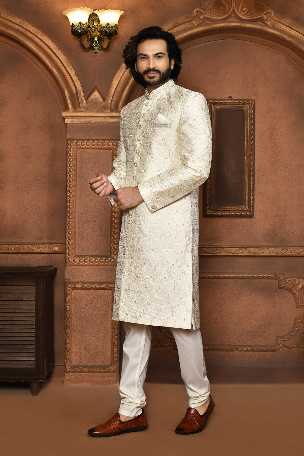 Off White Colour Art Silk Fabric With Embroidered Sherwani